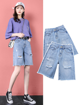 Korean hole denim five-point pants womens 2021 summer New loose slim thin straight wool high waist pants
