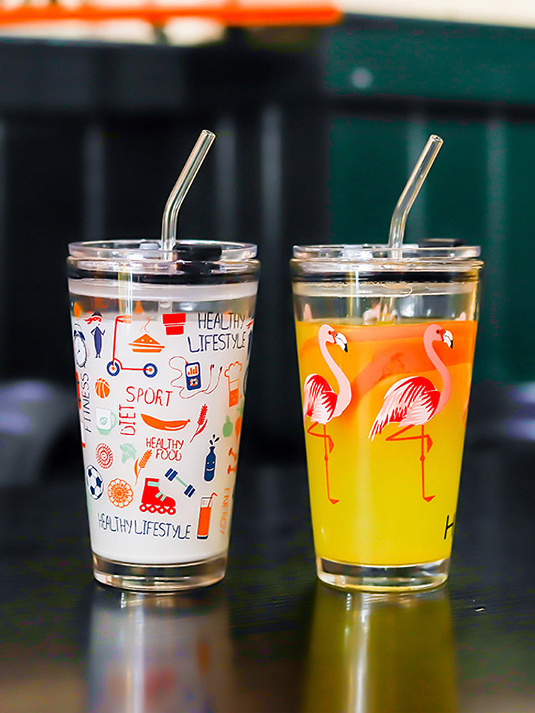 Cute creative transparent graffiti glass high-value Internet celebrity milk juice cup sealed children's straw water cup