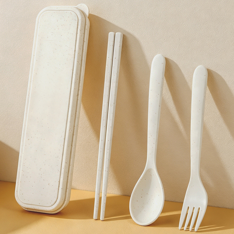 Wheat Straw Chopsticks, Spoon and Fork Set, Three-Piece Tableware Set for Primary School Students, Storage Box, Portable for Outdoor Travel Wheat Straw Chopsticks, Spoon and Fork Set, Three-Piece Tableware Set for Primary School Students, Storage Box, Portable for Outdoor Travel