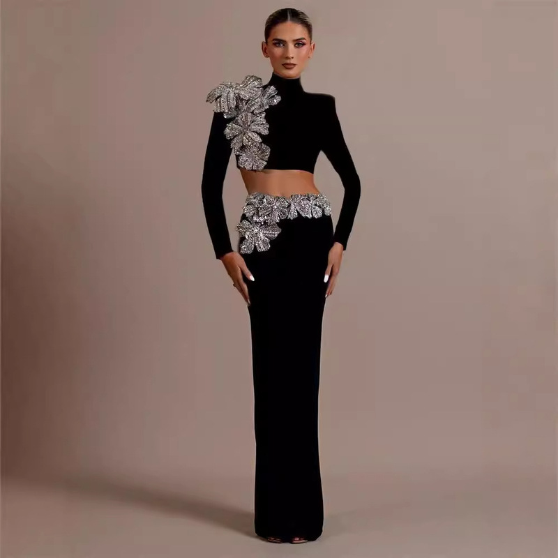 European and American Cross-Border New Fashion Diamond-Embellished Bandage Skirt Set Long-Sleeved Half-High Collar Short Top Long Skirt Two-Piece Set for Women