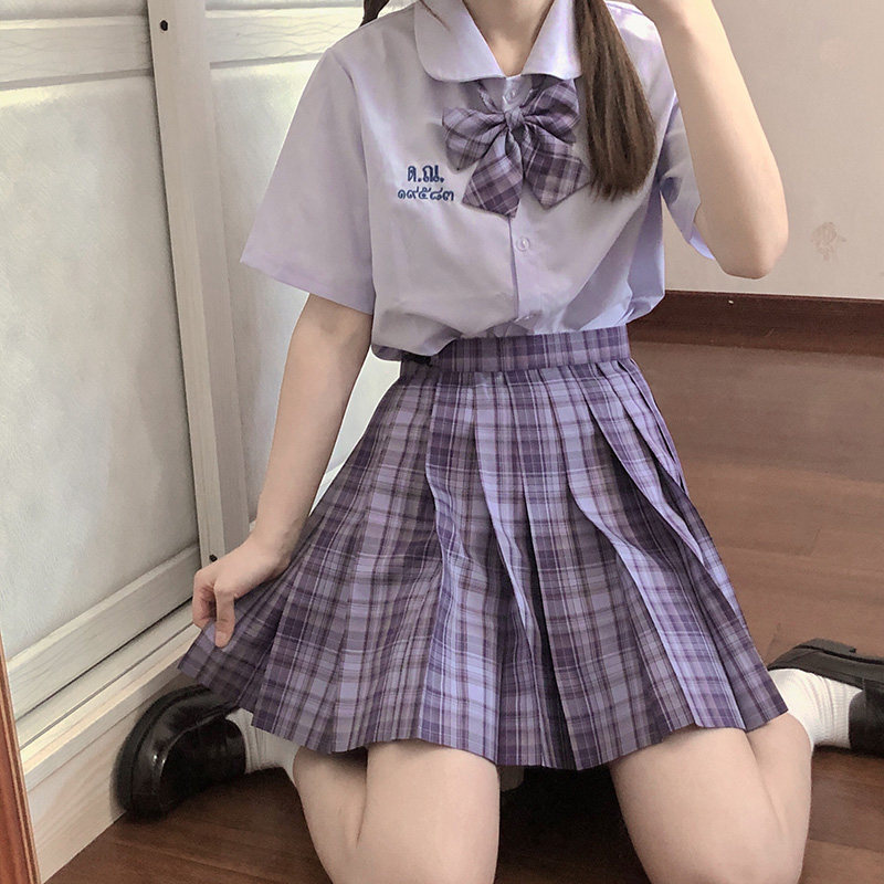 Thai school uniform Nano jk shirt purple female Thai uniform original embroidery small water with round neck short sleeve summer