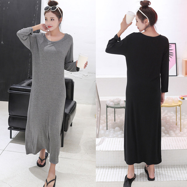 Summer and autumn Korean style loose bottoming skirt modal long sleeve long skirt women's outer wear long skirt versatile dress plus size