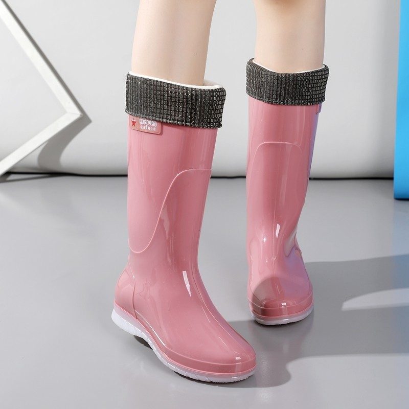 High tube rain boots women's fashion style outside wearing water shoes waterproof non-slip plus fleece warm jelly in the barrel rubber shoes ladies rain boots