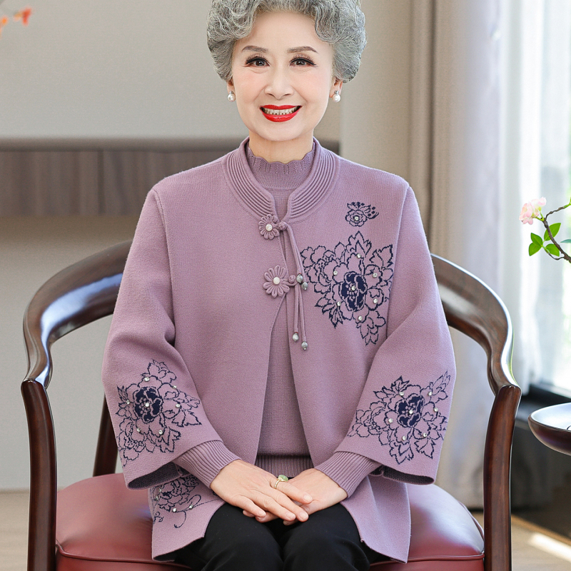 Middle-Aged and Elderly Women's Spring and Autumn Clothing, Cardigan Sweater, Grandma's Autumn and Winter Suit, Elegant Mother's Plus-Size Base Shirt