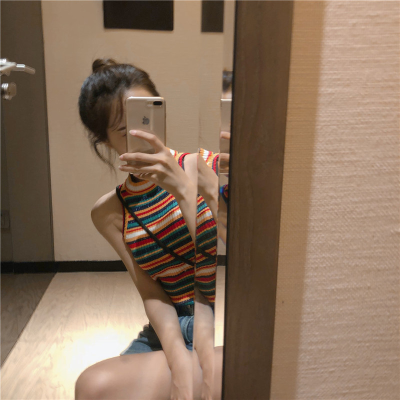 Harajuku Style Camisole for Women, Trendy Hong Kong Style Sleeveless Knit Off-Shoulder Top, Sexy Halter Neck Top for Summer