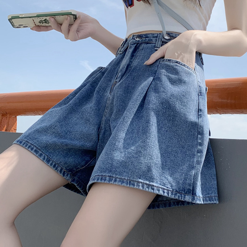 Large size denim shorts women's summer wide leg thin section loose a-line five-point five-point pants girl fat mm thin fried street pants