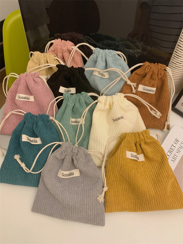Little White Rabbit Solid Color Corduroy Woven Label Storage Bag Drawstring Closure Cosmetic Bag for Women Portable Large Capacity
