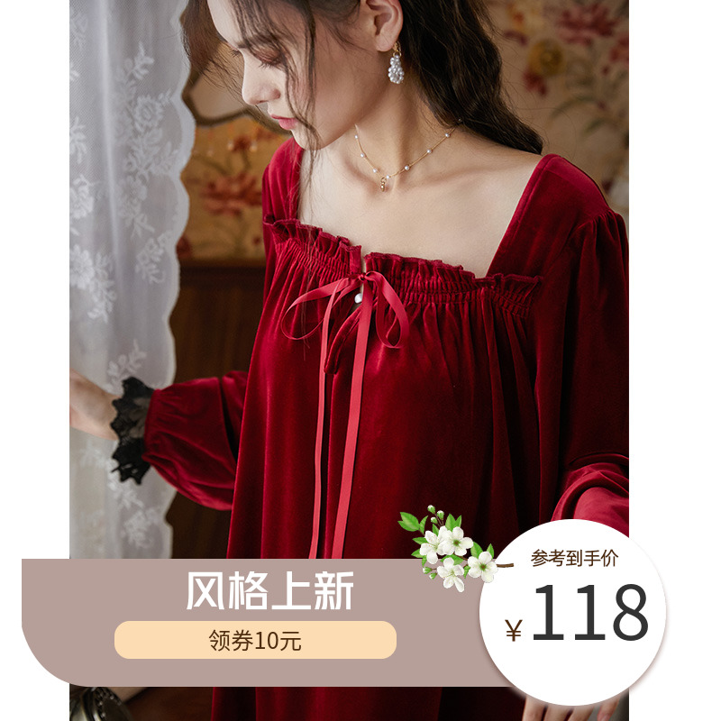 Red Ben Life Pyjamas Woman Autumn Winter Palace Warm Gold Velvet Long Version Fairy woman French Golden Velvet Bridal Sleep Dress