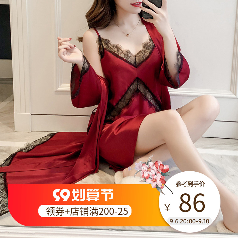 Spring pajamas women 2022 sexy ice silk suspenders nightdress nightgown two-piece set with chest pad silk suspenders nightdress summer