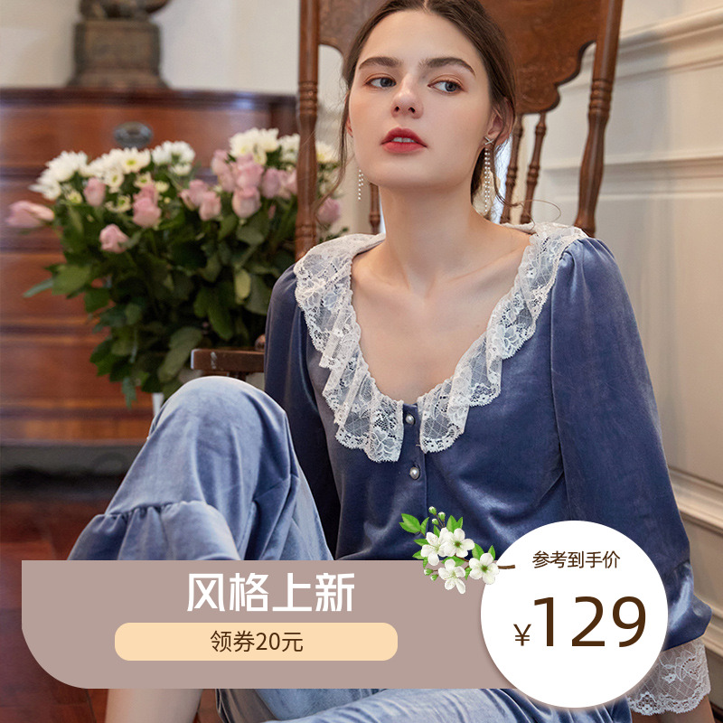 Sweet Palace Court Pyjamas Women's Autumn Winter Gold Velvet Lace Sexy Style Long Sleeve Long Pants Suit Warm Family Clothing Winter