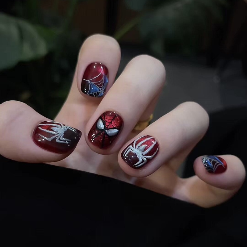 Cyber Glow-In-The-Dark Black and Red Cat-Eye Hand-Painted Spider Web Handmade Wearable Nails, Sweet and Cool, High-End Feel, Skin-Brightening Nail Stickers