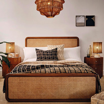 French mid-century style rattan bed master bedroom 1 8-meter double bed American retro small apartment home rattan solid wood bed