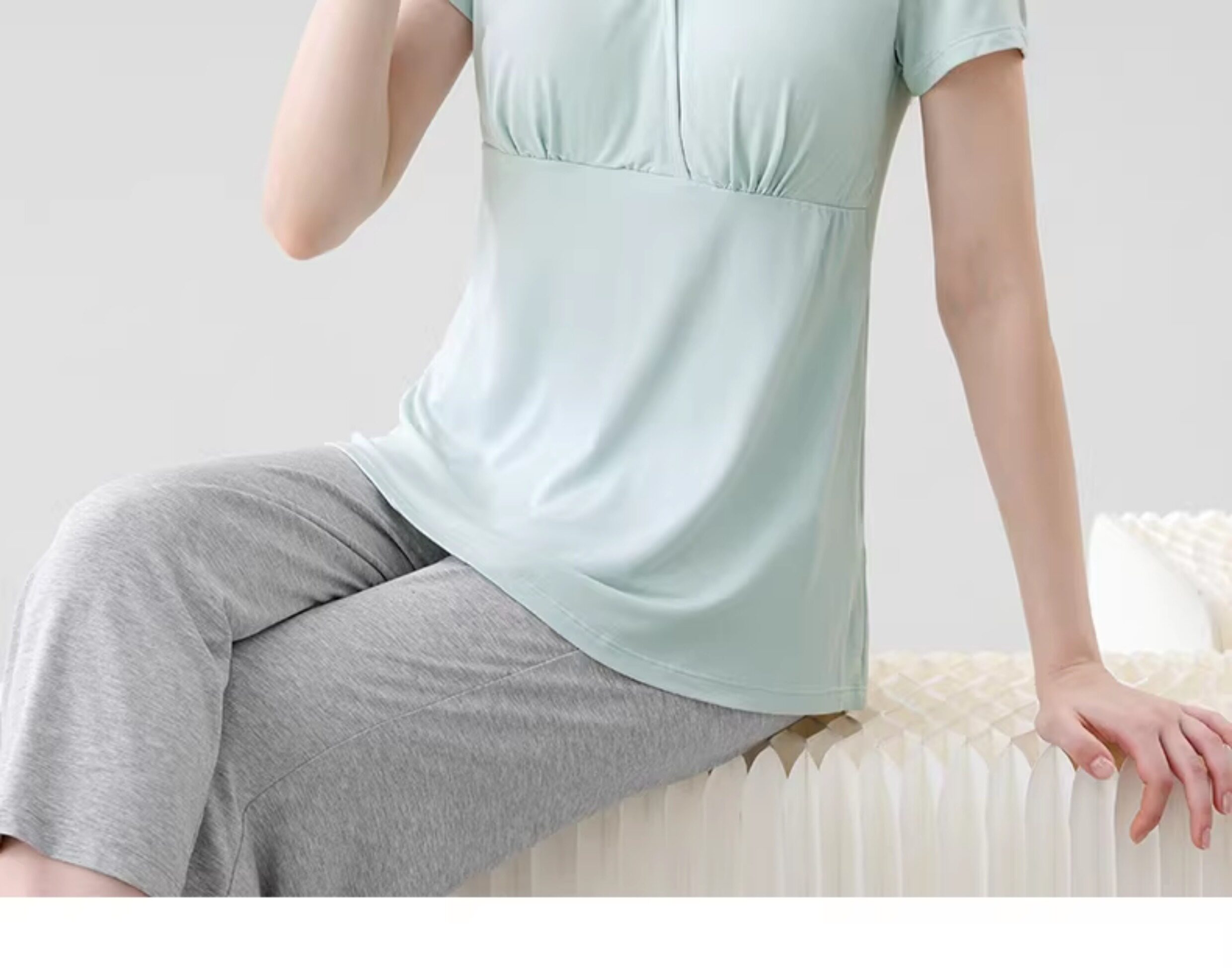 哺乳短袖t恤睡衣上衣兰精天丝莫代尔喂奶夏季薄款月子带胸垫半袖 — 32