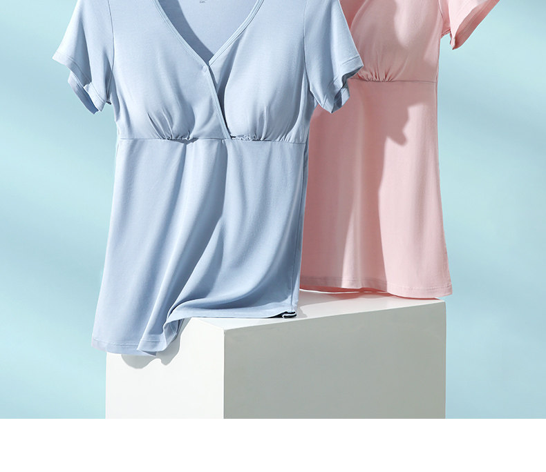 哺乳短袖t恤睡衣上衣兰精天丝莫代尔喂奶夏季薄款月子带胸垫半袖 — 8