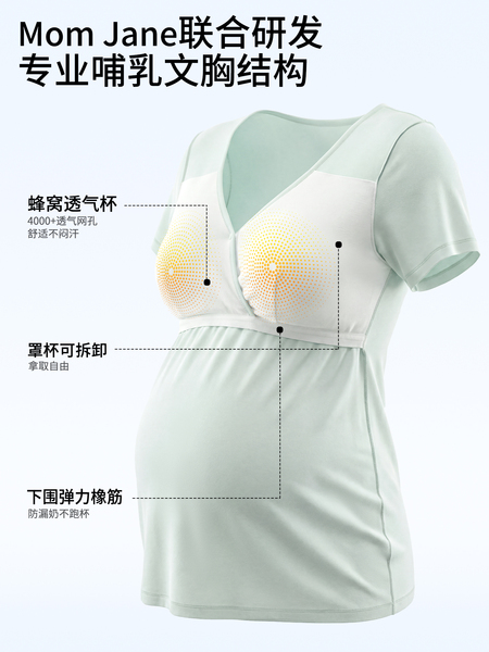 哺乳短袖t恤睡衣上衣兰精天丝莫代尔喂奶夏季薄款月子带胸垫半袖 — 4