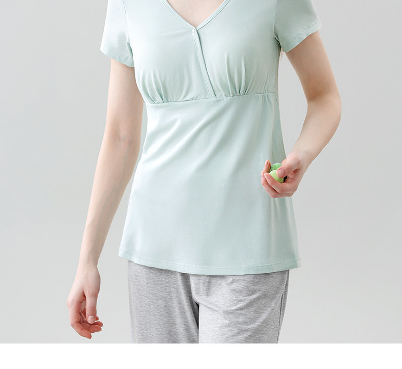 哺乳短袖t恤睡衣上衣兰精天丝莫代尔喂奶夏季薄款月子带胸垫半袖 — 2