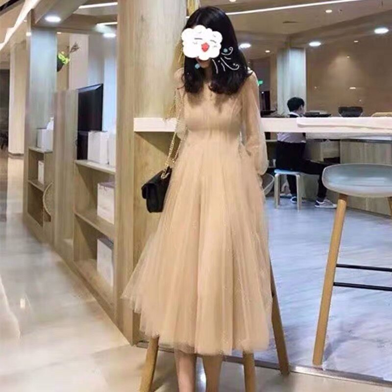 Fan-style foreign dress collection waist display slim gown 2021 early spring fairy yarn dresses long version of super-fairy gentle wind two-piece set