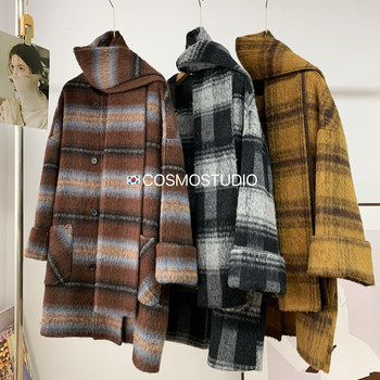 Temperament style! cashmere coat with plaid scarf