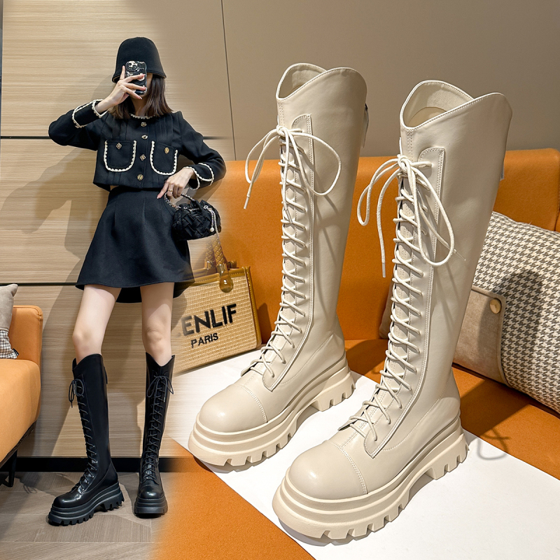 Six O'Clock Uncle Genuine Leather Slimming Over-The-Knee Boots for Women 2024 New Lace-Up Long Boots Versatile Riding Boots for Women
