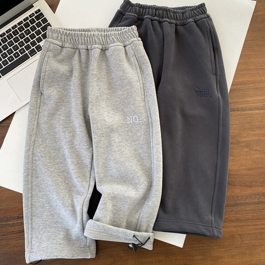 一条过冬贴身舒适~宽松加绒运动裤 男童纯色松紧腰带一体绒镰刀裤