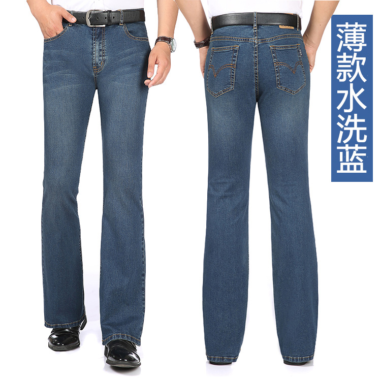 Mùa xuân và mùa hè phần mỏng nam eo micro-horn jeans stretch slim quần pháo sáng denim micro-chuông quần