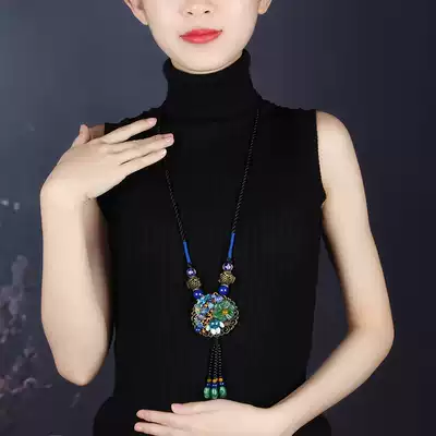 Ethnic style sweater chain decoration Agate pendant Spring and summer wild clothes accessories pendant long version necklace Female retro