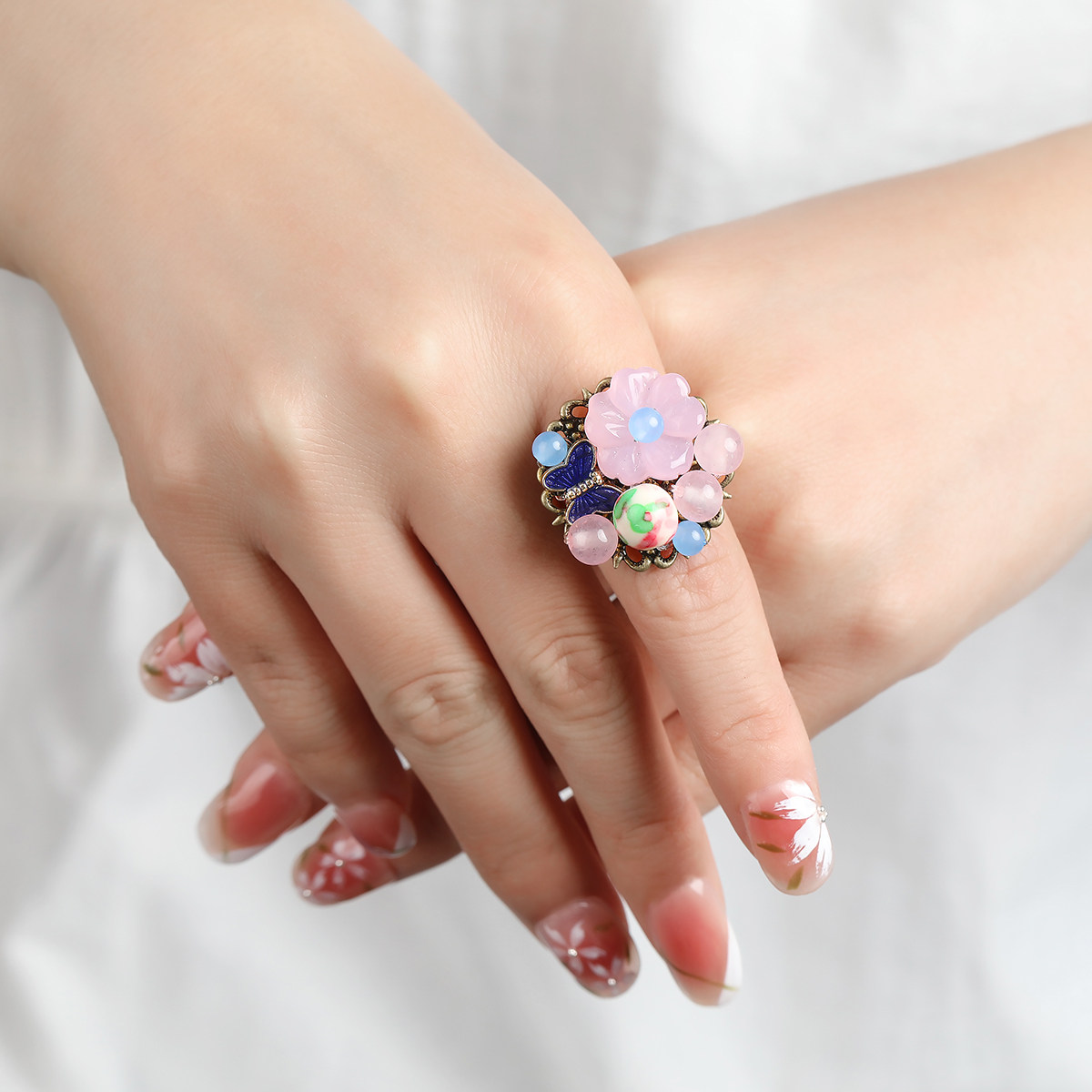 Retro Sweet Accessories Ring Butterfly Fengfei Finger Ring Pink Corn Glass Romantic Peach Flower
