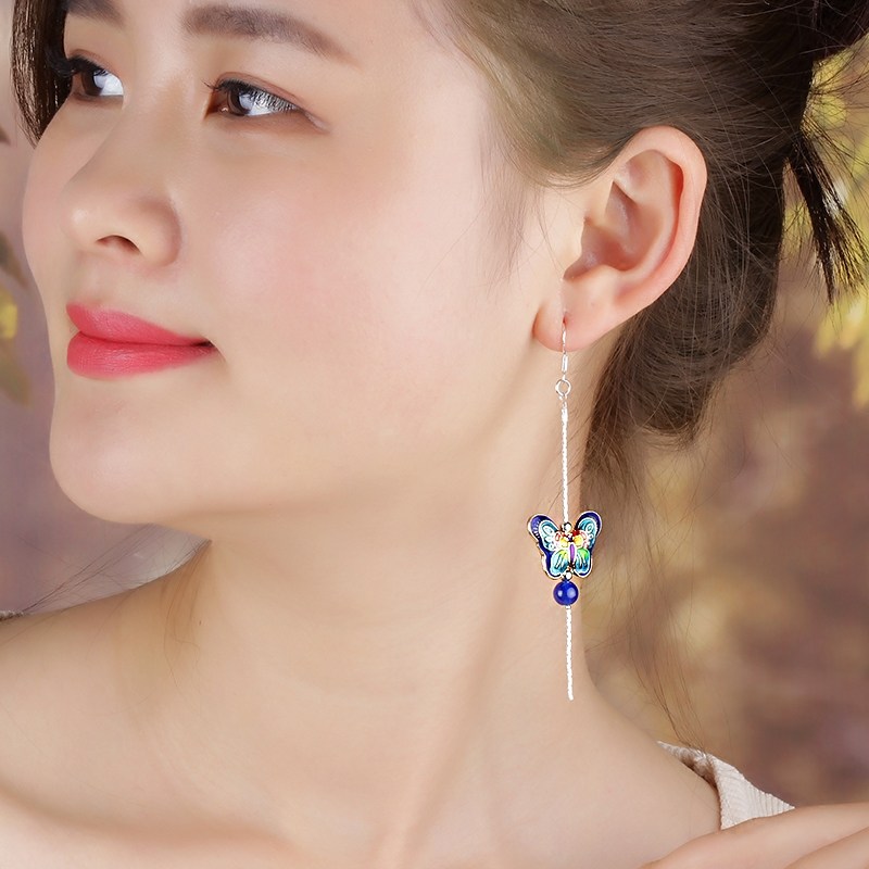 National Wind Ear Decoration View Thai Blue Butterfly Earrings Necklace Earrings Woman's long version of minimalist retro ear clip Ear Clip