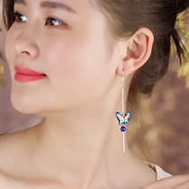 Ethnic style earrings cloisonne butterfly ear chain earrings female long style simple retro earrings ear clip accessories