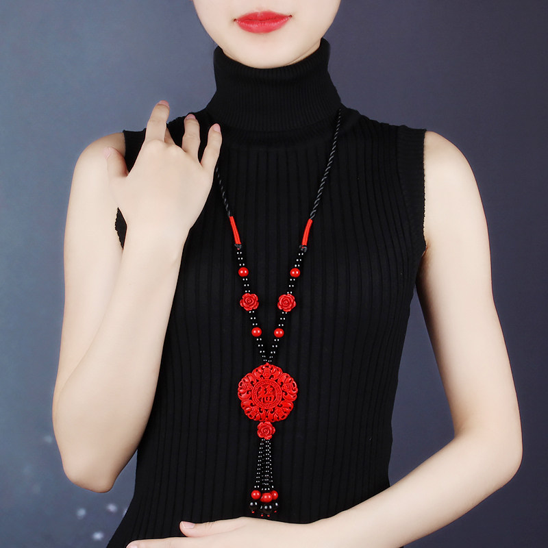 Ethnic style necklace long tassel lacquer carving pendant Fu brand Chinese style accessories retro female autumn and winter hanging decorations