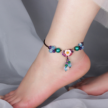 Ethnic style anklet small fish glazed beads retro foot chain Joker decorative foot neck jewelry hand-woven womens foot rope