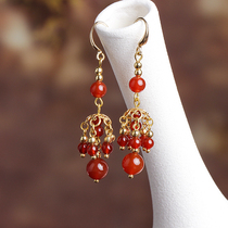 Ethnic style earrings long red agate earrings female retro red bride jewelry temperament Joker Chinese style ear ornaments