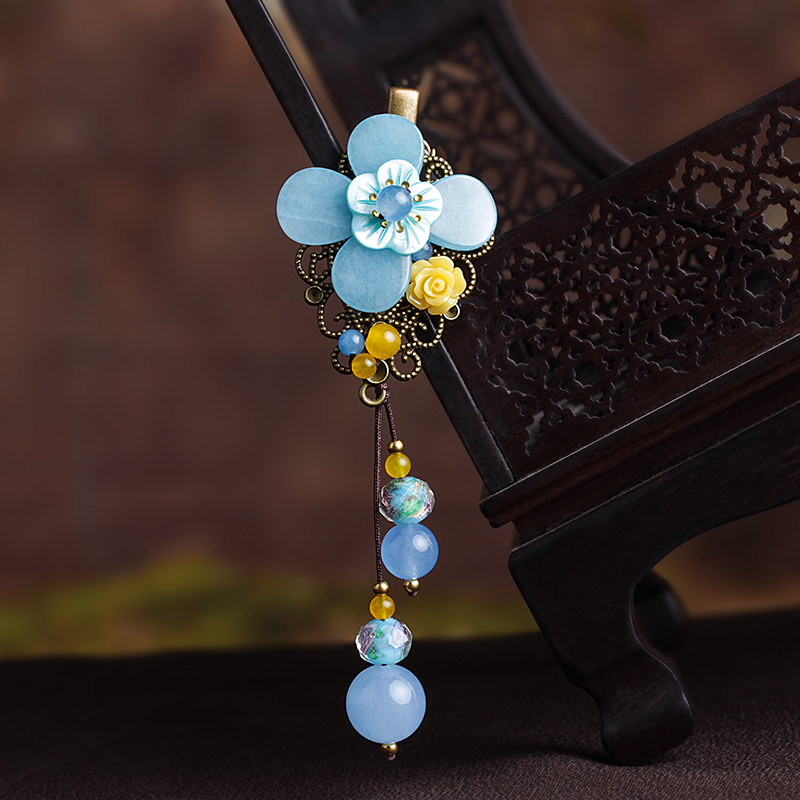 National Wind Clip Headwear half a hair clip Hair Clip Blue Jade Medullary Flowers Ancient Wind Hair Accessories Adults Hairpin Temperament Brief
