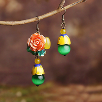 Ethnic wind earrings asymmetric earrings cats eye stone flowers long female retro earrings temperament Super fairy accessories