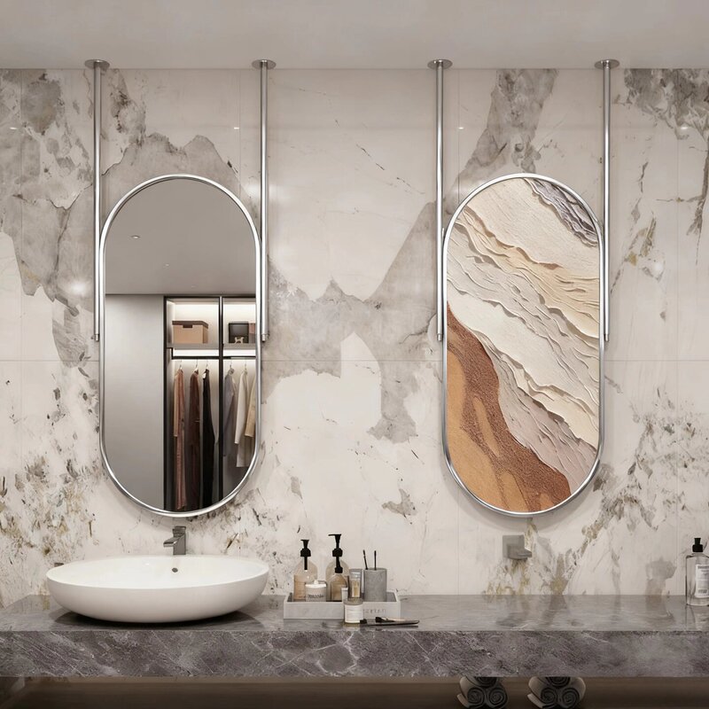 Stainless Steel Ceiling Suspended Mirror, Oval Smart Bathroom Mirror, Hanging Mirror with Lights for Hotels and Guesthouses