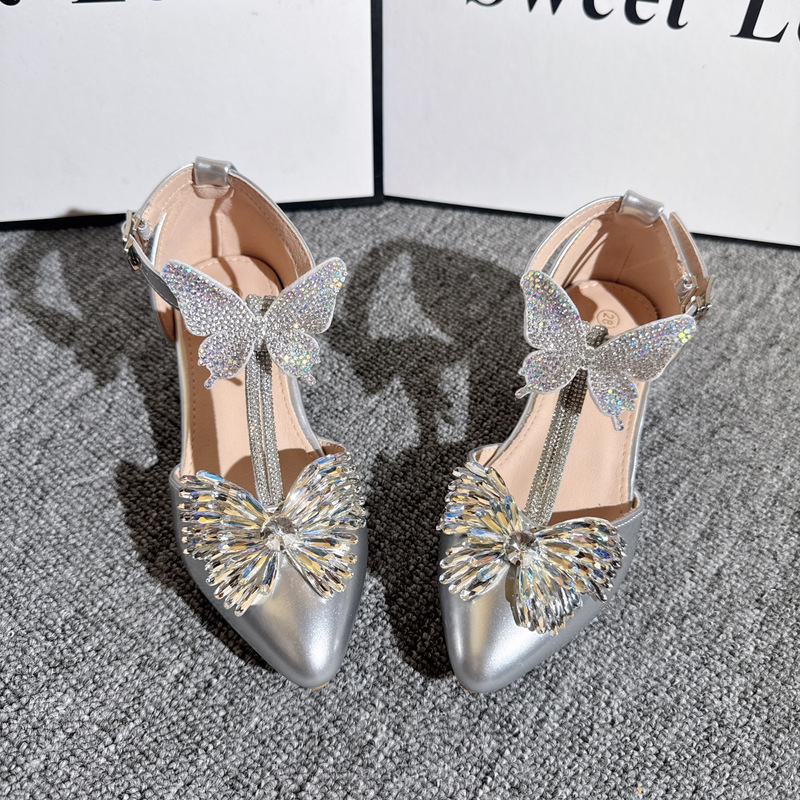 2026 Spring/Summer New Girls' Princess High Heels for Performance and Hostessing, Matching with Dresses, Crystal Heel Chunky Heel Sandals