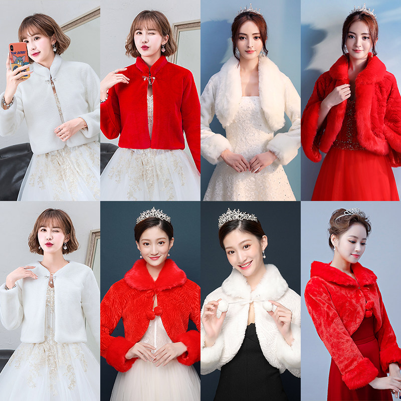 Wedding Dress Cape 19 Autumn Winter Imitation Fox Fur Grass Bride wedding gown Thickened Warm Cape Coat Red white