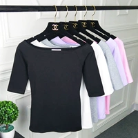 Mùa xuân và mùa thu 2019 của phụ nữ màu rắn từ cổ áo tay áo lệch vai áo sơ mi cotton kích thước lớn áo thun năm điểm tay áo - Cộng với kích thước quần áo quần jean đen nữ