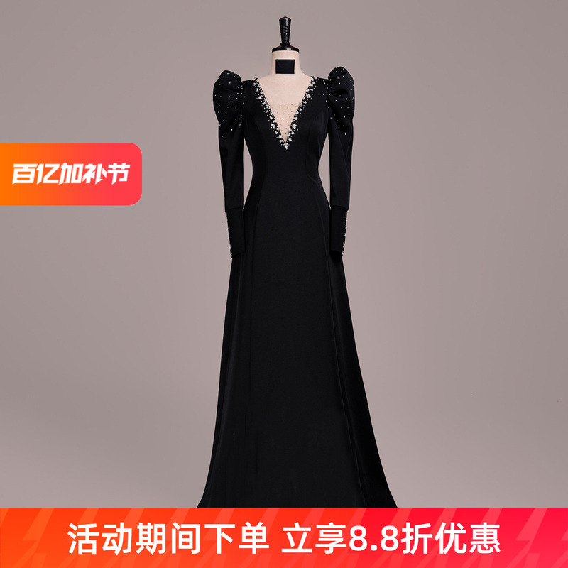 Black Classy Evening Dress for Women, Long-Sleeved V-Neck, Host Banquet Long Dress, Vocal Art Exam Dignified Choir Performance Dress