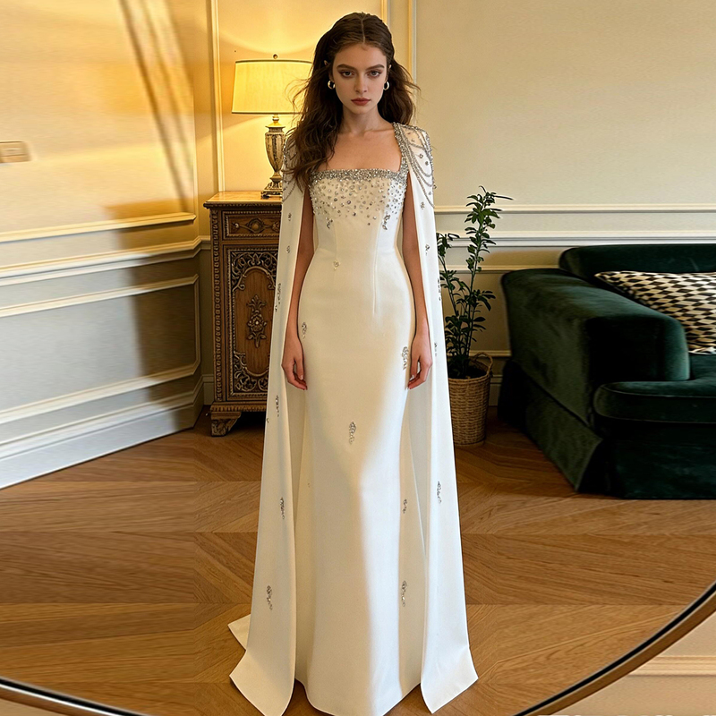 Elegant High-End Evening Dress, White, Heavily Beaded with Chain Shawl, Suitable for Hosting Banquets, Art Exams, Vocal Solo Performances Elegant High-End Evening Dress, White, Heavily Beaded with Chain Shawl, Suitable for Hosting Banquets, Art Exams, Vocal Solo Performances
