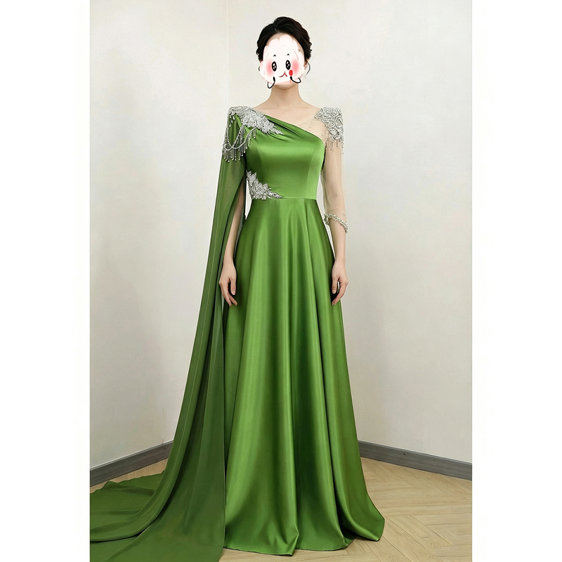 Guzheng Performance Evening Dress 2026 New Style Green One-Shoulder Water-Sleeve High-End Adult Ceremony Host Performance Costume Guzheng Performance Evening Dress 2026 New Style Green One-Shoulder Water-Sleeve High-End Adult Ceremony Host Performance Costume