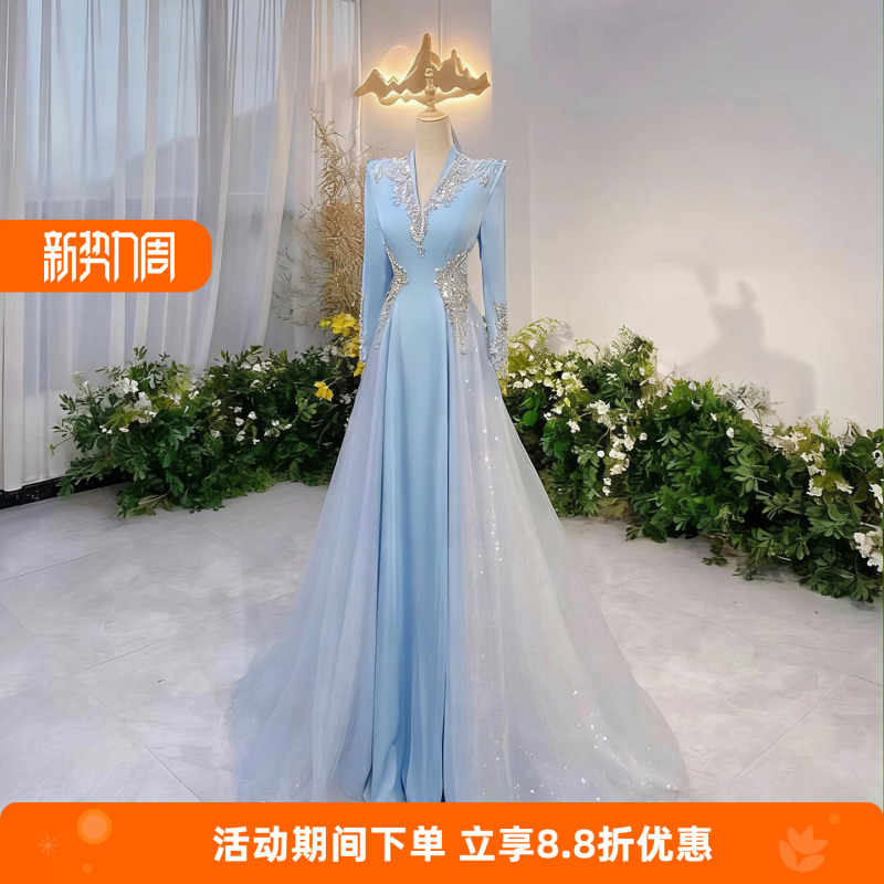 Blue Long-Sleeved Evening Dress, Dignified and Elegant, Suitable for Guzheng Performance, Annual Meeting, Folk Song Chorus, Hosting, and Performance Long Dress