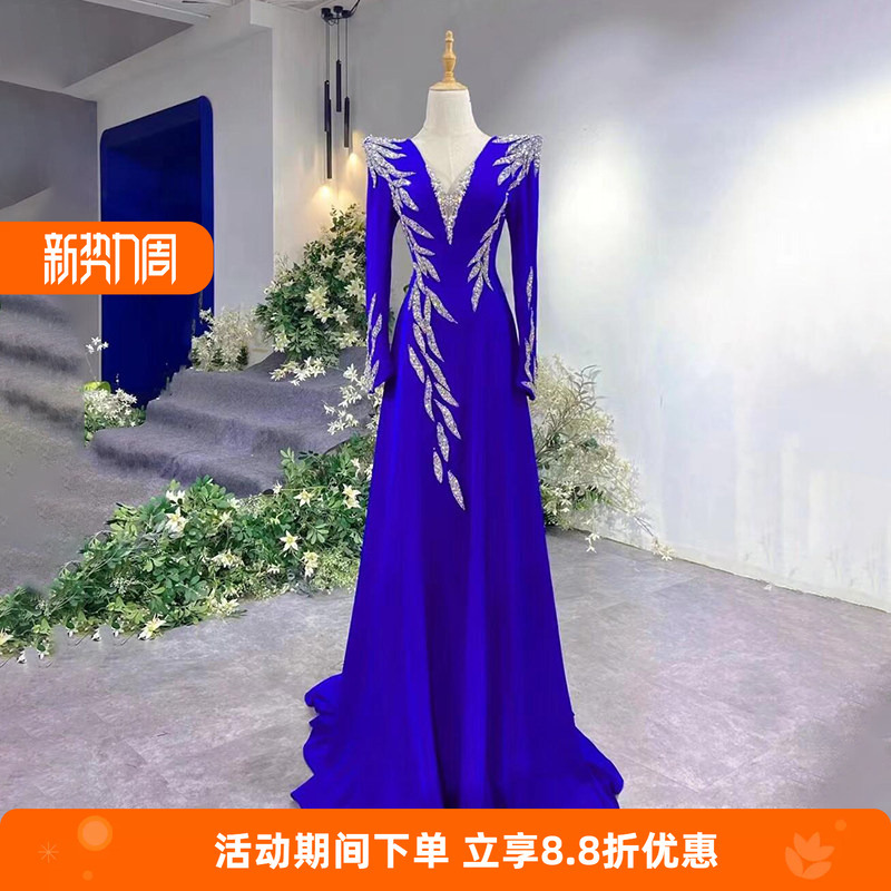 Blue High-End Evening Dress, Elegant and Dignified for Banquets, Suitable for Art Exam Hosts, Stage Vocal Performances, V-Neck Performance Dress for Women
