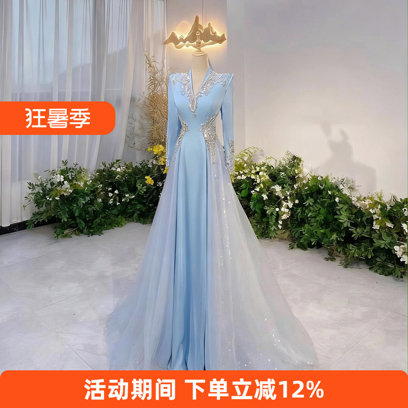 Blue Long-Sleeved Evening Dress, Dignified and Elegant, Suitable for Guzheng Performance, Annual Meeting, Folk Song Chorus, Hosting, and Performance Long Dress Blue Long-Sleeved Evening Dress, Dignified and Elegant, Suitable for Guzheng Performance, Annual Meeting, Folk Song Chorus, Hosting, and Performance Long Dress