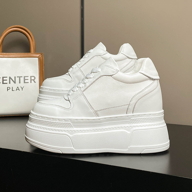 14cm White Leather Casual Shoes for Women, Height-Increasing Shoes for Petite Women, 12cm Internal Height Increase, 10cm White Thick-Soled Platform Shoes