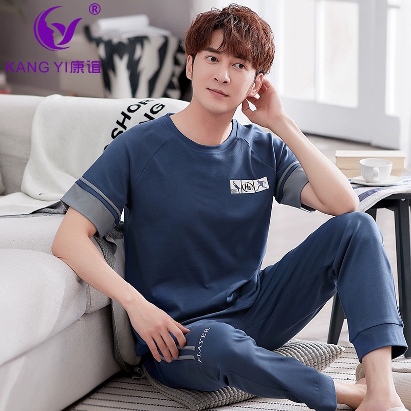 Kangyi bộ đồ ngủ của nam giới mùa hè cotton ngắn tay quần mỏng rộng rãi giản dị thời trang cotton nam phục vụ tại nhà - Bên ngoài ăn mặc