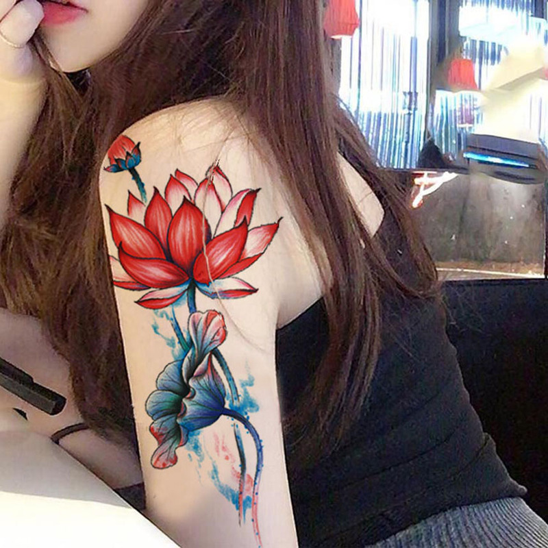Hot Girl Tattoo Water Lily Long-Lasting Sexy Scar-Covering Lotus Waterproof Flower Arm Female Collarbone Arm Leg Lotus Sticker
