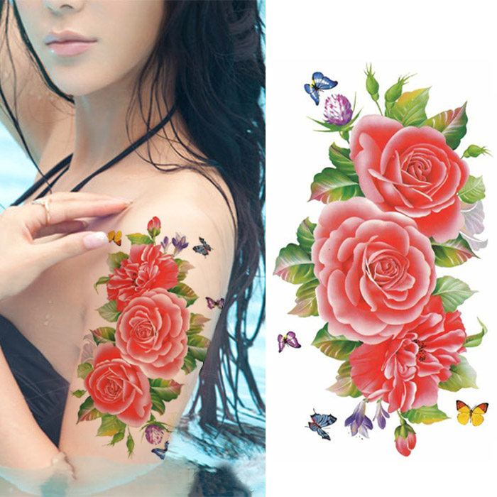 紋身貼防水女款持久仿真性感紅玫瑰花蝴蝶腹臂腿貼花臂刺青