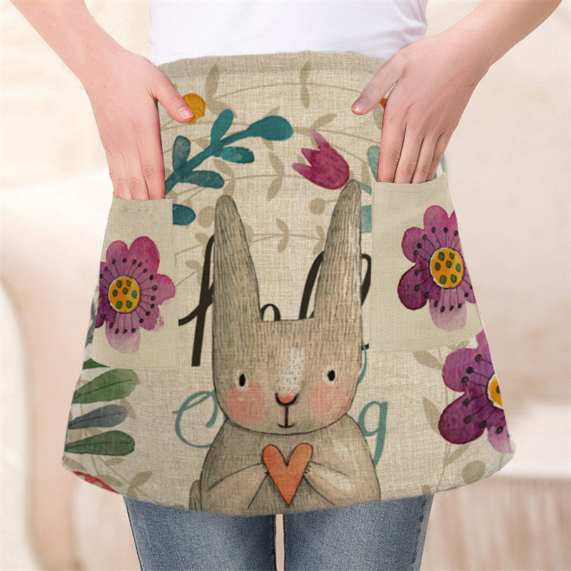 Cute Rabbit minimalist kitchen Short-style Purse Coffee Shop Bakery work waistline Imitation Hemp Half Body Apron