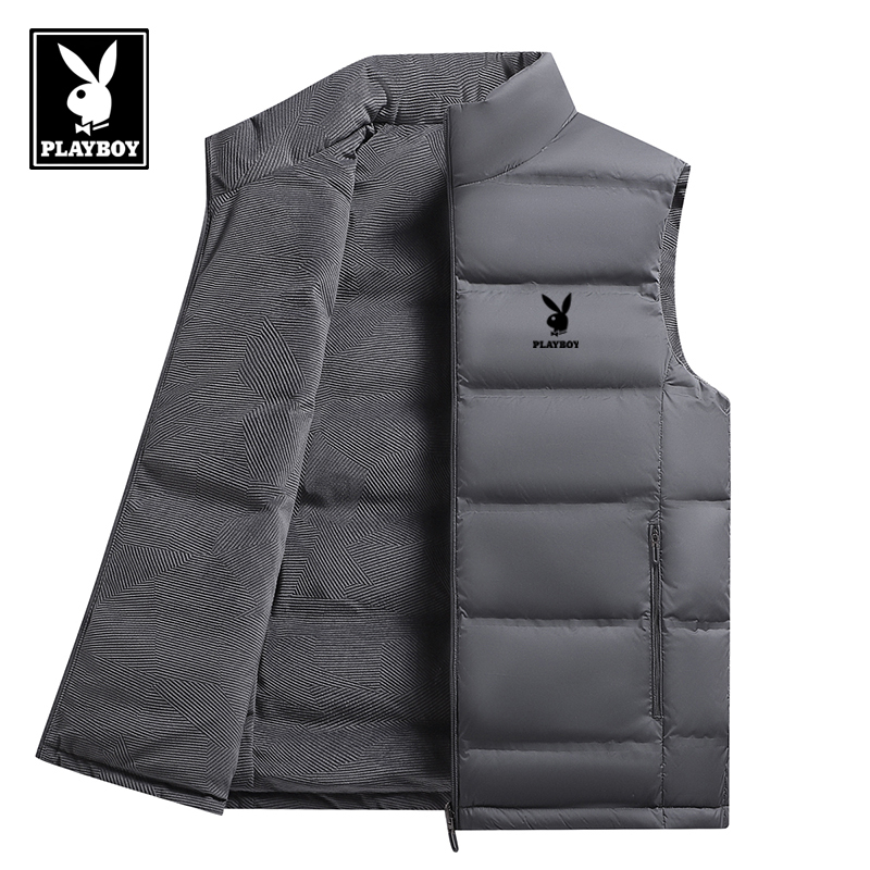 Playboy Lightweight Double-Sided down Vest for Men, Autumn and Winter White Duck down Stand-Up Collar Vest, Large Size Warm Jacket